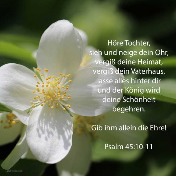 Höre, Tochter, und sieh, und neige dein Ohr; und vergiß deines Volkes und deines Vaters Hauses! Und der König wird deine Schönheit begehren, denn er ist dein Herr ( Psalm 45,10-11 )