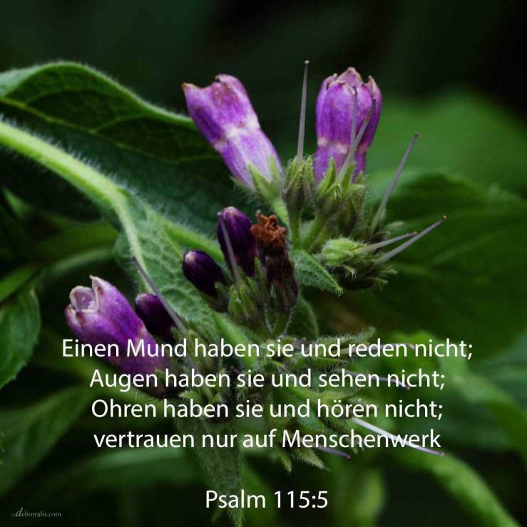 Einen Mund haben sie und reden nicht; Augen haben sie uns sehen nicht; Ohren haben sie und hören nicht; eine Nase haben sie und riechen nicht. Sie haben Hände und tasten nicht, Füße und sie gehen nicht; keinen Laut geben sie mit ihrer Kehle ( Psalm 115,5-7 )
