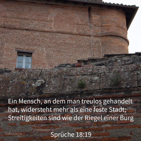Ein Bruder, an dem man treulos gehandelt hat, widersteht mehr als eine feste Stadt; und Zwistigkeiten sind wie der Riegel einer Burg ( Sprüche 18,19 )